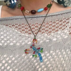 Colorful Dragon Fly Necklace with Glass Bead Choker